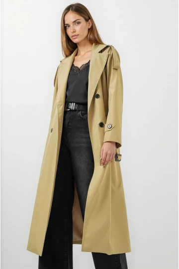 Kadın Yağ Yeşili  Kruvaze Yaka Astarlı Kemerli Mevsimlik Trençkot HZL25W-BD159411
