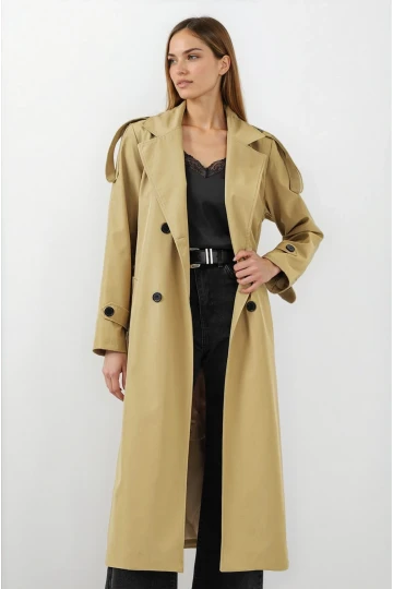 Kadın Yağ Yeşili  Kruvaze Yaka Astarlı Kemerli Mevsimlik Trençkot HZL25W-BD159411
