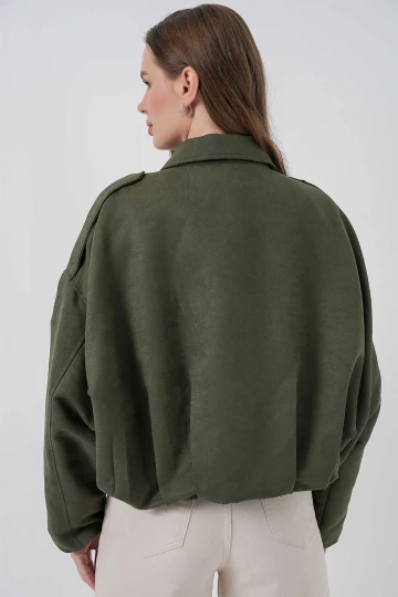 Kadın Yeşil Oversize Fermuar ve Çıt Çıt Kapamalı Cepsiz Süet Deri Ceket HZL25W-BD107301