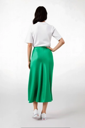 Kadın Yeşil Saten Yüzeyli Beli Lastikli Midi Boy Etek Hzl23S-BD1101471