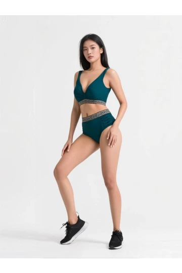 Kadın Yeşil Yüksek Bel Yanları Şerit Detaylı Desenli Lastikli Destekli Bikini Takımı HZL25S-LC201