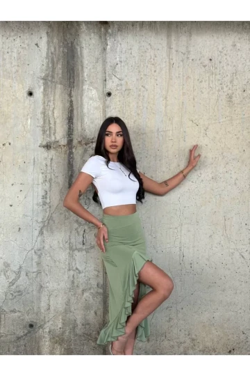 Kadın Yeşil Yüksel Bel Dalgıç Kumaş Asimetrik Kesim Etek HZL25S-ZK11701