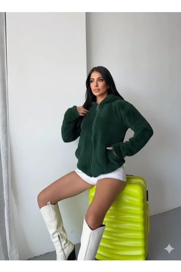 Kadın Zümrüt Welsoft esnek kumaş Peluş Yumoş Önü Fermuarlı Kapüşonlu Ceket HZL23W-DSB110081