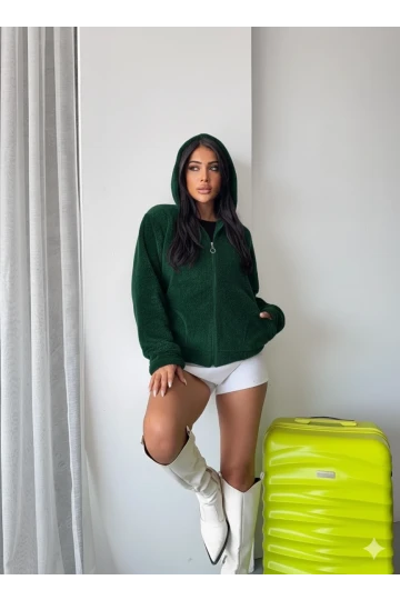 Kadın Zümrüt Welsoft esnek kumaş Peluş Yumoş Önü Fermuarlı Kapüşonlu Ceket HZL23W-DSB110081