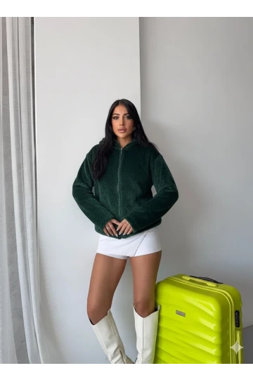 Kadın Zümrüt Welsoft esnek kumaş Peluş Yumoş Önü Fermuarlı Kapüşonlu Ceket HZL23W-DSB110081