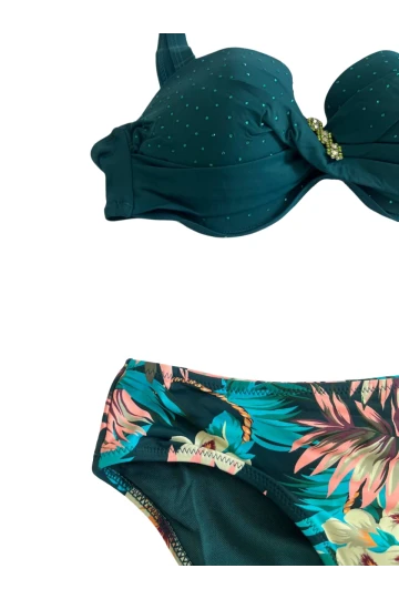 Kadın Zümrüt Yeşil Taş İşlemeli Aksesuar Detaylı Astarlı Bikini Takımı HZL25S-LC4005