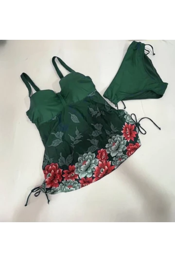 Kadın Zümrüt Yeşili Çiçek Desenli Elbise Model  Slipli Tankini HZL24S-LC4009