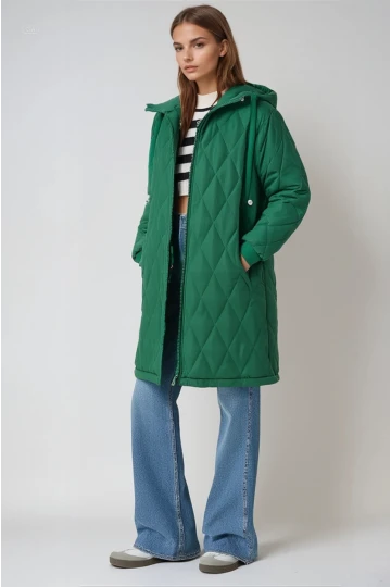 Kadın Zümrüt Yeşili Kapitone Uzun Şişme Mont HZL22W-BD151381