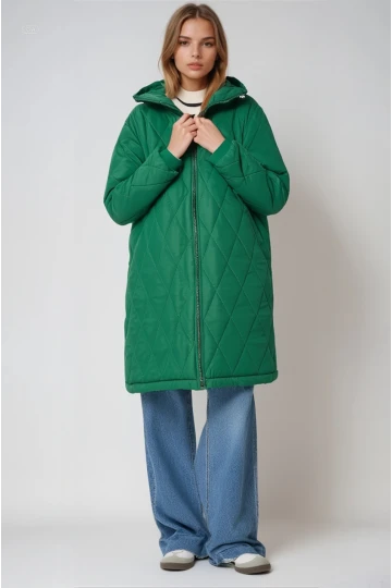 Kadın Zümrüt Yeşili Kapitone Uzun Şişme Mont HZL22W-BD151381