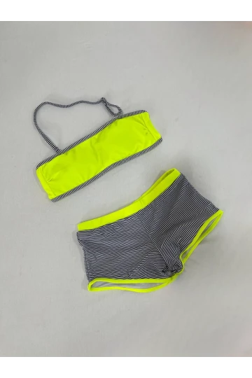Kız Çocuk Neon Sarı Siyah Çizgili Şortlu 4-12 Yaş Straplez Bikini Takım HZL24S-LC9034