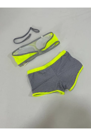 Kız Çocuk Neon Sarı Siyah Çizgili Şortlu 4-12 Yaş Straplez Bikini Takım HZL24S-LC9034