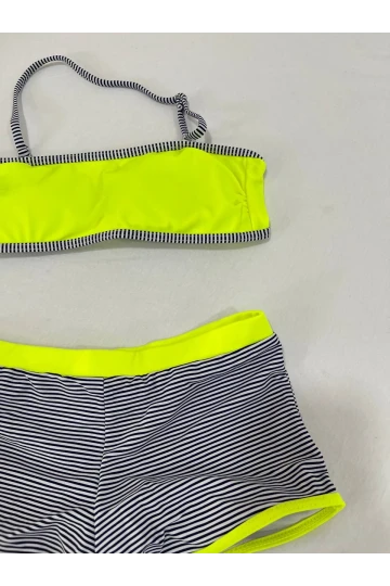 Kız Çocuk Neon Sarı Siyah Çizgili Şortlu 4-12 Yaş Straplez Bikini Takım HZL24S-LC9034