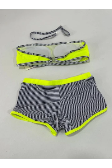 Kız Çocuk Neon Sarı Siyah Çizgili Şortlu 4-12 Yaş Straplez Bikini Takım HZL24S-LC9034