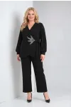 Kadın Siyah Büyük Beden Pliseli Kol İnci Detaylı Abiye Takım HZL26W-PR10111