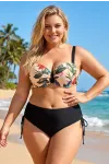 Kadın Krem Siyah Yaprak Desen Büyük Beden Bikini Takım HZL26S-LC3332