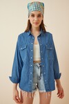 Kadın Mavi Çift Cepli Basic Jean Çıtçıtlı Kot Gömlek HZL22S-BD139971
