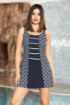 Kadın Lacivert Beyaz Desenli Sabit Askılı Etekli Şortlu Elbise Mayo HZL24S-AR1902