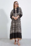 Kadın Siyah Bej Desenli Bileği Lastikli Düğmeli Uzun Viskon Elbise HZL24S-BD124231
