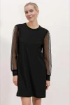 Kadın Siyah Bisiklet Yaka Tül Kollu Mini Elbise HZL24S-BD124671