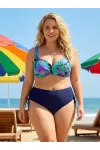 Kadın Lacivert Turkuaz Desenli Astarlı Büyük Beden Bikini Takımı HZL25S-LC3832