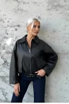Kadın Siyah Fermuar Kapamalı Oversize Suni Deri Ceket HZL25W-BD110561